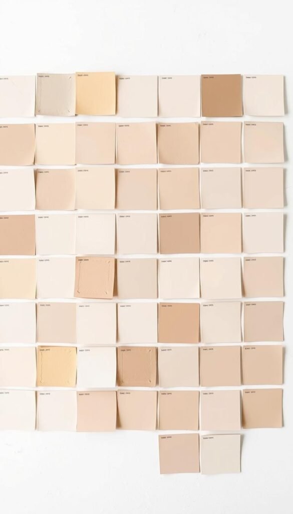 A tightly curated collection of beige wall paint swatches, meticulously displayed on a minimalist white background. The paint chips are arranged in an organized grid, allowing the viewer to easily compare and contrast the subtle variations in tone and undertone. Warm, earthy hues of taupe, latte, and sand are juxtaposed against cooler, greige-infused shades, creating a balanced, harmonious palette. Soft, even lighting illuminates the paint samples, showcasing their depth and complexity. The overall composition conveys a sense of tranquility and refinement, perfectly suited to inspire thoughtful wall color selection for a cozy, inviting living room.