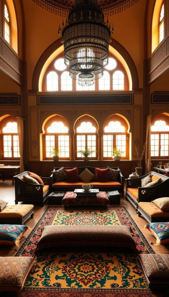 A traditional Moroccan Majlis seating arrangement in a warm, inviting living room. In the foreground, an ornate, low-lying sofa with intricately carved wooden frames and plush, jewel-toned cushions. Surrounding it, an array of colorful floor pillows and ottomans, creating a cozy, intimate layout. In the middle ground, a ornamental rug with a bold, geometric pattern, adding depth and texture to the scene. The background features high, arched windows allowing natural light to flood the space, casting a soft, golden glow. Hanging from the ceiling, a grand, ornate chandelier with cascading metal accents, completing the exotic, lavish ambiance.