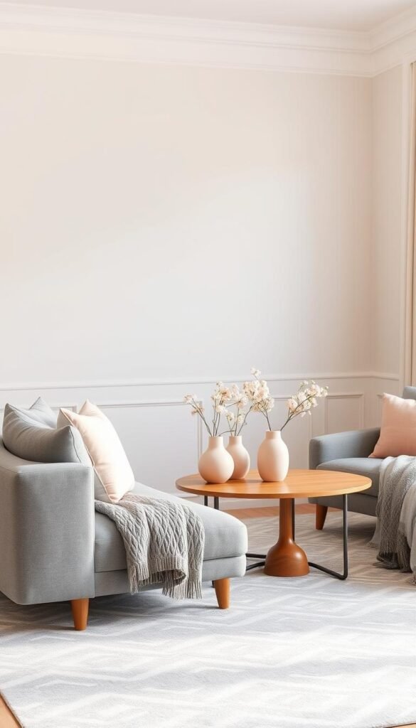 A tranquil living room with a soft, elegant color palette. In the foreground, a plush gray sofa and armchair sit atop a patterned gray and white area rug. Decorative pink throw pillows and a cozy gray knitted blanket create a cozy, inviting atmosphere. In the middle ground, a sleek wooden coffee table is flanked by minimalist pink and gray vases filled with fresh flowers. The background features light-colored walls, accentuated by a large window that allows soft, natural lighting to filter in, casting a warm, timeless glow throughout the space. An understated, yet sophisticated color combination that evokes a sense of timeless sophistication and serenity.