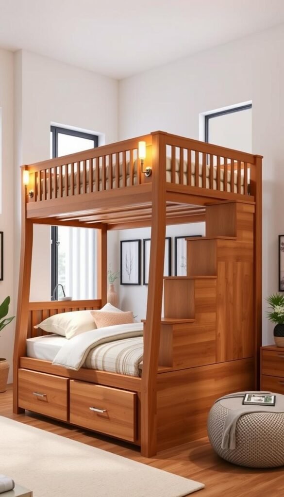 A two-tier storage staircase bunk bed stands tall in a cozy bedroom. The sturdy wooden frame supports a top sleeping compartment and built-in storage drawers below, creating a functional and stylish sleeping solution. Soft lighting from sconces mounted on the headboard casts a warm glow, complementing the natural wood tones. The staircase steps double as drawer fronts, seamlessly blending form and function. Large windows let in ample natural light, illuminating the clean, minimalist design. Plush bedding and fluffy pillows invite comfort, while decorative plants and framed artwork add personal touches. The overall aesthetic is one of modern simplicity, balancing practicality and aesthetic appeal.
