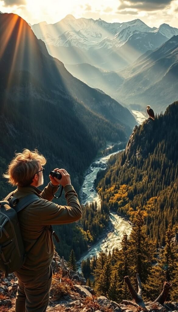 A vast, rugged landscape unfolds, dominated by towering mountains and lush, verdant forests. In the foreground, a weathered explorer stands, binoculars raised, gazing out over the untamed wilderness. Rays of warm, golden light filter through the canopy, casting a sense of adventure and discovery. In the middle ground, a winding river cuts through the scene, its turbulent waters hinting at the thrill of whitewater rafting. Perched atop a nearby cliff, a majestic eagle soars, surveying the vast expanse below. The background is filled with a stunning, panoramic vista, where snow-capped peaks touch the horizon, beckoning the explorer to venture forth and uncover the hidden wonders of this untamed realm. This image evokes a sense of excitement, exploration, and the pure, unrestrained spirit of adventure.