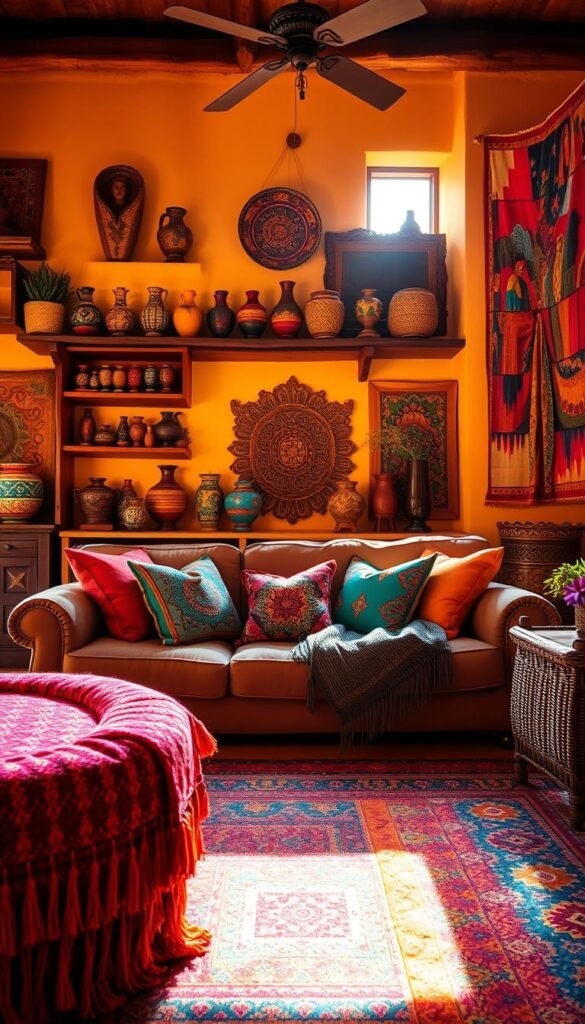A vibrant Mexican hacienda-style living room, flooded with warm, golden light. In the foreground, an ornate, hand-woven rug in bold, saturated hues of crimson, ochre, and turquoise. Plush, colorful throw pillows and a sumptuous, tasseled blanket adorn a cozy, earth-toned sofa. On the middle-ground shelves, an array of handcrafted ceramic vases, figurines, and textured woven baskets in jewel-toned shades. The background features ornate, carved wooden furniture, and walls adorned with vibrant tapestries, embroidered wall hangings, and striking, abstract paintings in a palette of vivid reds, oranges, and blues. Soft, diffused lighting casts a warm, inviting glow throughout the space, creating a rich, immersive atmosphere.