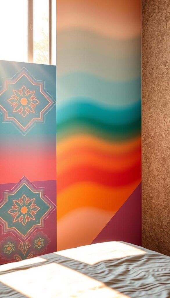 A vibrant accent wall with mesmerizing paint techniques, illuminated by warm natural lighting streaming through large windows. The foreground showcases intricate geometric patterns in a harmonious color palette, transitioning from deep jewel-toned hues to soft pastels. In the middle ground, a striking ombré effect subtly blends the colors, creating a sense of depth and visual interest. The background features a textural, mottled finish that adds depth and character to the scene. The overall mood is one of refined sophistication and artistic flair, perfectly suited to elevate a modern bedroom's ambiance.