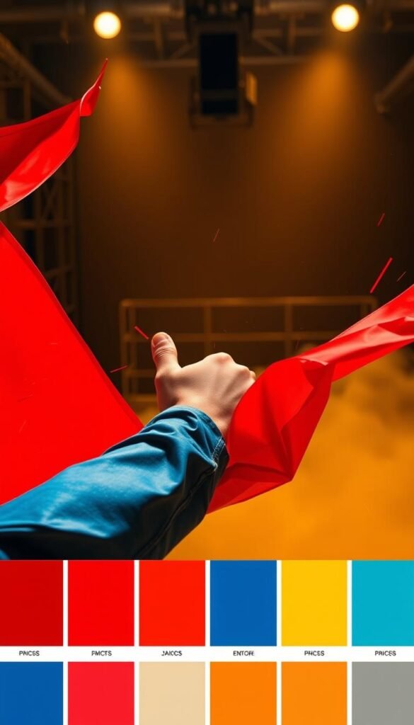 A vibrant, action-packed color palette design that evokes the heroic spirit of comic book superheroes. In the foreground, bold primary colors like red, blue, and yellow clash and intertwine, creating a dynamic and powerful composition. In the middle ground, subtle metallic accents gleam, hinting at advanced technology and futuristic elements. The background is a dramatic, chiaroscuro-inspired lighting setup, with dramatic shadows and highlights that lend an air of mystery and intensity. The overall mood is one of unbridled energy, raw power, and heroic determination, perfectly suited to inspire a superhero-themed bedroom design.