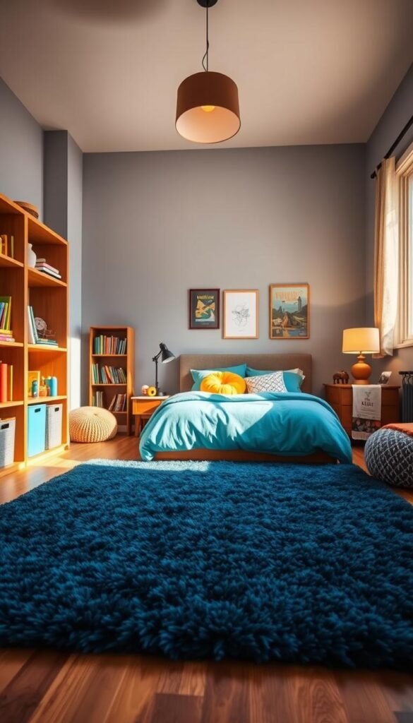 A vibrant and cozy boys room, bathed in warm lighting and muted tones. In the foreground, a plush, navy blue rug anchors the space, complemented by a wooden bookshelf filled with colorful books and toys. In the middle ground, a large bed with a teal-colored comforter and matching throw pillows, alongside a wooden nightstand with a vintage-inspired lamp. The walls are painted in a soft, earthy gray, creating a calming and inviting atmosphere. Subtle pops of color, such as a vibrant orange beanbag and a few framed posters, add playfulness to the scene. The room is illuminated by a combination of natural light streaming through the window and a warm, overhead pendant light, casting a cozy glow throughout the space.