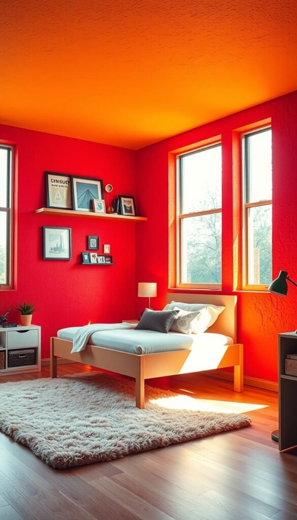 A vibrant and energetic boys room, with bold accent walls in shades of red and orange. The walls are textured, lending depth and dimension to the space. Warm, diffused lighting from large windows bathes the room in a golden glow, creating a cozy and inviting atmosphere. In the foreground, a modern twin bed with a sleek, minimalist design sits atop a plush area rug. Eclectic wall decor, such as framed artwork and shelving, adds pops of complementary hues. The overall effect is a dynamic, eye-catching space that inspires creativity and adventure.