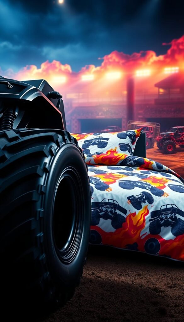 A vibrant and energetic monster truck-themed bedding set, featuring a bold and dynamic design. In the foreground, a massive monster truck tire dominates the scene, casting dramatic shadows and conveying a sense of power and adventure. In the middle ground, the bedding set itself is prominently displayed, with a striking pattern of monster truck silhouettes, flames, and bold primary colors that create an immersive and captivating visual experience. The background is filled with a dynamic, high-contrast environment, evoking the thrill and excitement of a monster truck rally, with a sense of motion and energy that pulls the viewer into the scene. The lighting is dramatic and cinematic, with deep shadows and highlights that accentuate the rugged, masculine aesthetic. The overall mood is one of unbridled excitement and adventurous spirit, perfectly capturing the essence of the monster truck theme.