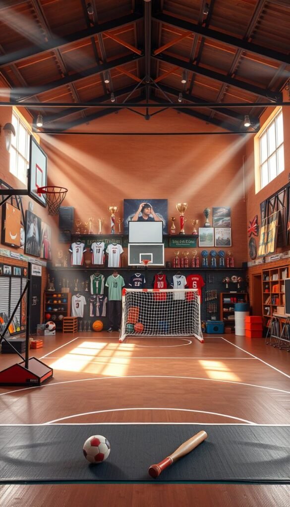 A vibrant and energetic multi-sport celebration zone, bathed in warm lighting and filled with an array of athletic equipment and memorabilia. In the foreground, a basketball hoop, soccer goal, and baseball bat stand ready for impromptu games and competitions. The middle ground features a padded floor, perfect for wrestling, tumbling, and other physical activities, while the background showcases a wall of trophies, jerseys, and sports-themed artwork, creating a sense of pride and accomplishment. Powerful beams of light stream in from high windows, casting a dynamic, inspirational atmosphere throughout the space.