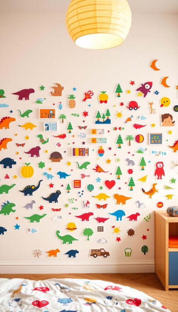 A vibrant and engaging kids' bedroom wall, adorned with a playful array of removable wall stickers. The foreground features an assortment of colorful, whimsical designs - dinosaurs, rockets, and playful characters that seem to come alive on the white wall. In the middle ground, a mix of geometric shapes, patterns, and nature-inspired motifs create a visually stimulating backdrop. The lighting is warm and soft, casting a gentle glow that enhances the cheerful, inviting atmosphere. The overall composition conveys a sense of creativity, imagination, and youthful energy, perfectly suited for a budget-friendly boys' bedroom makeover.