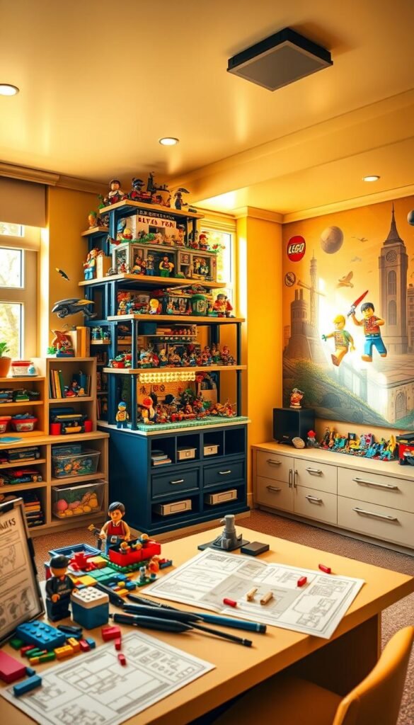 A vibrant and immersive LEGO-themed bedroom, with a focal point of an intricate, multi-level display showcasing a variety of LEGO sets and minifigures. The room is bathed in warm, natural lighting filtering through large windows, casting a cozy glow over the space. In the foreground, a child's desk features an array of LEGO bricks, tools, and design schematics, hinting at the endless possibilities for creativity. The middle ground boasts built-in shelves and storage units, meticulously organized to house the owner's impressive LEGO collection. The background depicts whimsical LEGO wall murals and decorative elements that transport the viewer to a world of imagination and wonder.