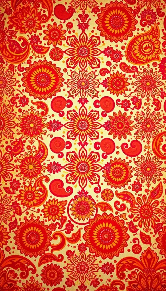 A vibrant and intricate Indian-inspired design pattern fills the frame, radiating warmth and cultural richness. Layers of intricate geometric motifs, paisley swirls, and vibrant hues of orange, red, and gold create a mesmerizing visual tapestry. Highlighted by soft, diffused lighting that casts a cozy glow, the pattern cascades across the image, enveloping the viewer in a harmonious symphony of color and texture. The overall effect is one of immersive cultural immersion, capturing the essence of the heart of Indian design.