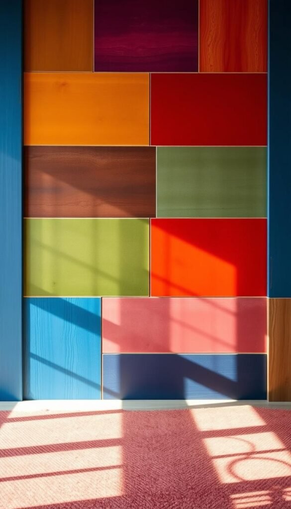 A vibrant and modern panel wall design, featuring a harmonious blend of bold, saturated colors. The foreground showcases a series of rectangular panels in a palette of vivid hues, including deep blues, earthy ochres, and vibrant reds. The middle ground is accentuated by subtle gradients and textures, creating depth and visual interest. In the background, a softly lit, minimalist space allows the colorful panels to take center stage, elevating the overall design. The lighting is natural and diffused, casting a warm, inviting glow across the scene. Captured at a slight angle, the image highlights the dimensional quality of the panel design, emphasizing its ability to transform and energize a contemporary living room.