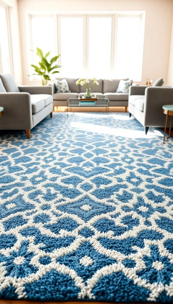A vibrant blue and white patterned rug anchors the foreground, its intricate geometric motifs inviting the eye to linger. Soft, natural light filters in through large windows, casting a warm glow on the plush fibers. In the middle ground, the rug is framed by sleek, grey furniture pieces that complement the cool tones, creating a harmonious, modern aesthetic. The background features pale walls that recede, allowing the rug to take center stage and infuse the space with a sense of cheerfulness and tranquility.