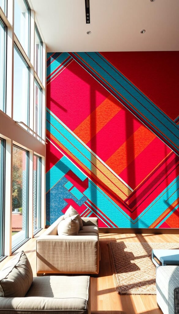 A vibrant, boldly patterned living room wall, bathed in natural light streaming through large windows. The pattern features a dynamic, geometric arrangement of intersecting lines and shapes in a harmonious palette of rich, saturated colors - crimson, azure, and ochre. The textured surface reflects the light, creating depth and dimension. The wall dominates the space, making a powerful, eye-catching statement. A wide-angle lens captures the scene, showcasing the pattern's bold scale and the wall's integration within the broader living room design. An airy, modern atmosphere pervades the space, inspiring creativity and tranquility.
