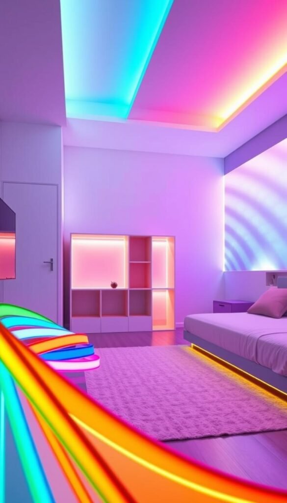 A vibrant, color-blocked LED light design illuminates a sleek, modern teenage bedroom. In the foreground, a dynamic arrangement of LED strips in bold primary colors creates a striking focal point, casting a warm, pulsing glow across the space. The middle ground features a minimalist, geometric shelving unit, its edges lined with complementary LED lighting that casts a soft, ambient hue. In the background, a seamless LED panel on the wall showcases a mesmerizing pattern of shifting, gradient hues, enveloping the room in a captivating, techno-inspired atmosphere. Crisp, high-contrast lighting and a precise, architectural composition convey a sense of futuristic, cutting-edge style suitable for a young, tech-savvy inhabitant.