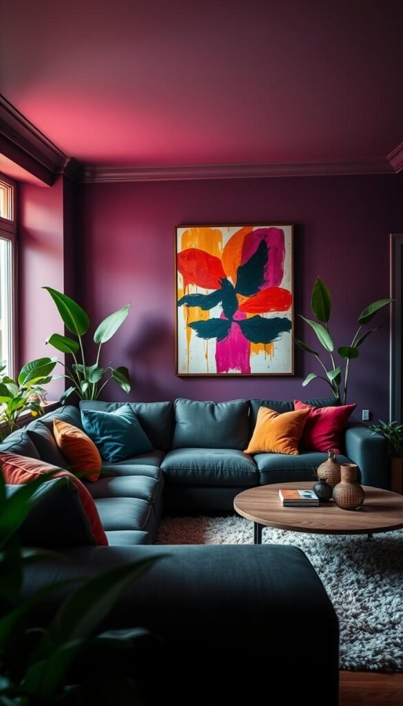 A vibrant, color-drenched living room with a plush, charcoal gray sofa as the focal point. Warm, diffused lighting bathes the space, creating a cozy, sophisticated ambiance. The walls are painted in a rich, jewel-toned hue, complementing the sofa's muted tone. Lush, verdant plants and a striking, abstract art piece add pops of color, while a mix of textures, including a shaggy rug and soft, velvet throw pillows, create visual interest. The room is captured from a slightly elevated angle, showcasing the harmonious balance of bold hues and subtle neutrals.
