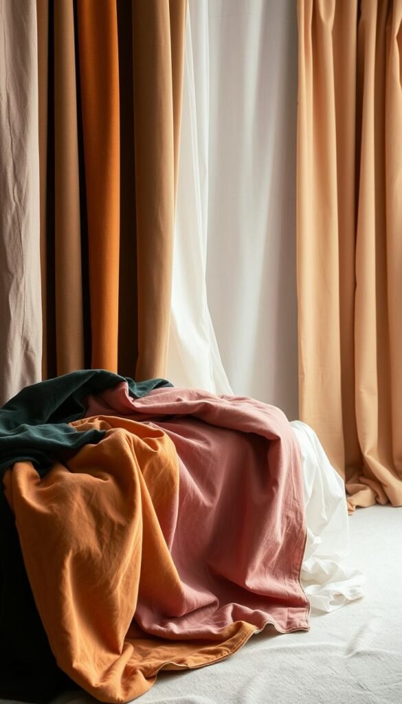 A vibrant display of fabric materials for modern curtains, captured in a well-lit studio setting. In the foreground, an assortment of lush, textured fabrics in a range of colors and patterns, including velvet, linen, and sheer chiffon. The middle ground showcases the draping and flow of the materials, highlighting their unique qualities. The background features a neutral, clean backdrop that allows the fabrics to take center stage, creating a sophisticated and elevated atmosphere. The lighting is soft and diffused, accentuating the depth and texture of the materials. The overall composition conveys a sense of elegance and attention to detail, perfectly suited for a modern bedroom setting.
