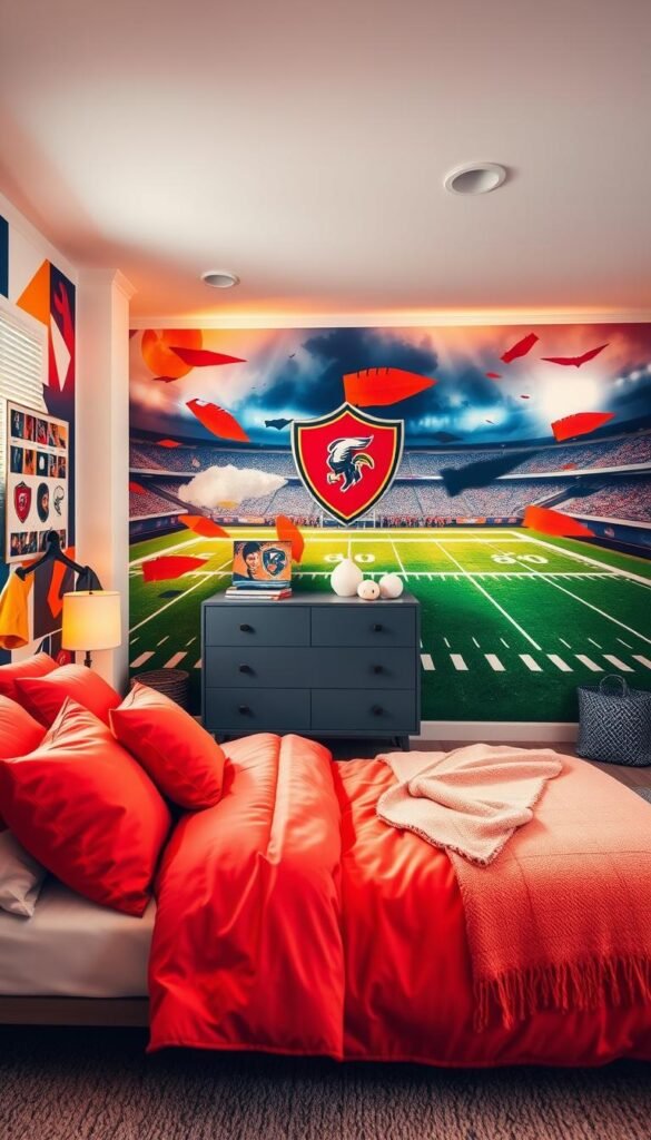 A vibrant, energetic bedroom filled with team spirit and field-inspired hues. In the foreground, a cozy bed with plush bedding in the team's iconic colors, complemented by plush pillows and a soft throw. In the middle ground, a sleek, modern dresser with team logo decals and minimalist accessories. The background features a feature wall with a dynamic, painterly mural depicting the team's logo and colors, bathed in warm, soft lighting that creates a cozy, immersive atmosphere. The overall scene conveys a sense of passion, excitement, and team pride, perfect for a young football fan's personal space.