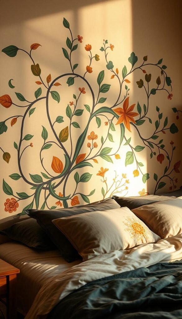 A vibrant, hand-painted headboard mural with intricate, flowing patterns and organic shapes. The design features a lush, botanical motif with delicate leaves, vines, and abstract floral elements in a harmonious color palette of earthy greens, ochres, and soft neutrals. Bathed in warm, diffused lighting that casts gentle shadows, creating depth and texture. The mural is executed with loose, expressive brushwork, conveying a sense of artistry and creative energy. The resulting image evokes a serene, nature-inspired ambiance that elevates the headboard into a stunning, one-of-a-kind work of art.