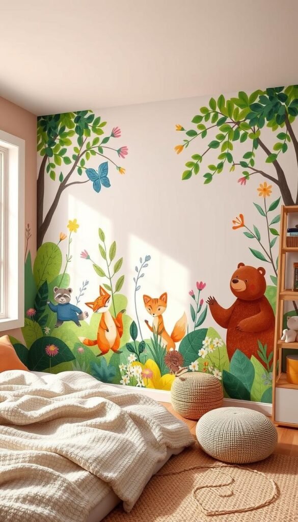 A vibrant kids' room with an accent wall showcasing a whimsical, hand-painted mural. The focal point is a playful scene of frolicking animals - a cheerful fox, an adventurous raccoon, and a curious bear - amid a forest of lush, verdant foliage and blooming flowers. Soft, diffused lighting from a large window casts a warm, natural glow, creating an inviting and cozy atmosphere. The mural is rendered in a delicate, watercolor-inspired style, blending abstract shapes and organic textures for a sophisticated, yet youthful aesthetic. The room is filled with cozy, textured furnishings and playful accents, perfectly complementing the accent wall's charming design.