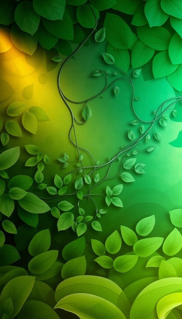 A vibrant, lush green wallpaper design featuring organic, flowing patterns that evoke a sense of serenity and natural harmony. The foreground showcases a range of verdant hues, from deep emerald to soft mint, artfully blended and layered to create a visually captivating tapestry. In the middle ground, intricate leaf and vine motifs intertwine, creating a sense of depth and movement. The background subtly shifts between lighter and darker shades, adding depth and dimension to the overall composition. The lighting is soft and diffused, casting a warm, inviting glow and highlighting the textural qualities of the wallpaper. The angle is a slightly elevated, wide view, allowing the viewer to fully appreciate the expansive, enveloping nature of the design. The overall mood is one of freshness, tranquility, and a connection to the natural world.