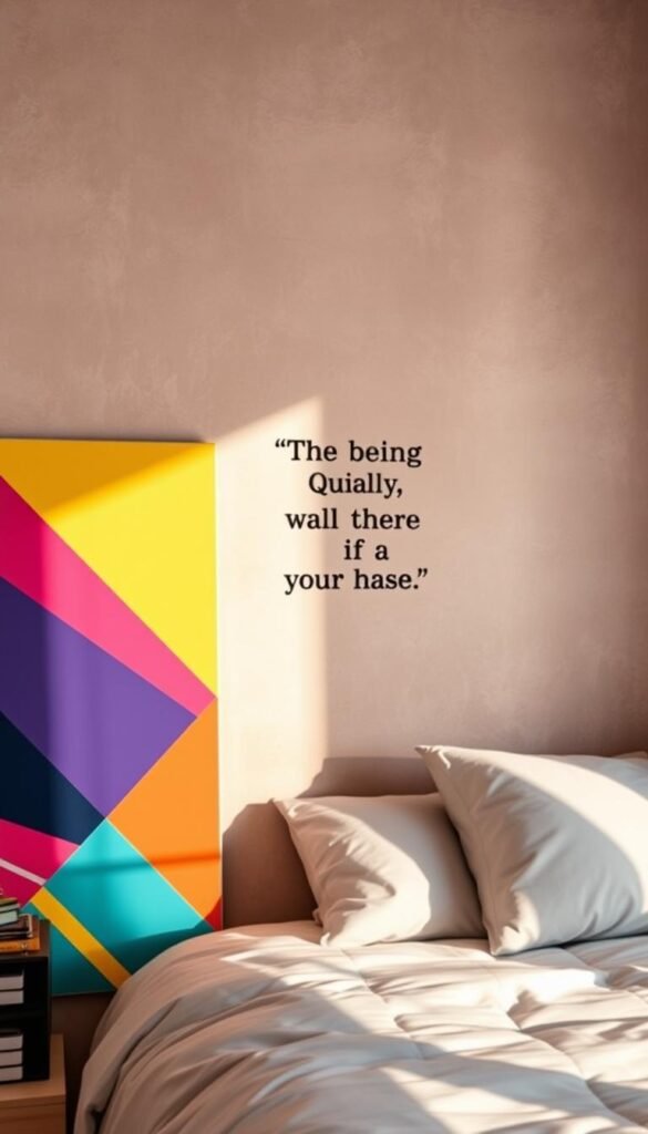 A vibrant, motivational wall art piece for a teen study space. The foreground features a boldly-colored geometric abstract design, with clean lines and dynamic shapes that draw the eye. The middle ground showcases an inspirational quote rendered in a modern, minimalist typeface, offering encouragement and focus. The background has a subtle, textured mural in muted earthy tones, providing a calming anchor for the piece. Warm, directional lighting casts dramatic shadows, lending depth and dimension. The overall composition exudes a sense of youthful energy, creativity, and determination - perfect for sparking productivity and self-expression in a teenage bedroom workspace.
