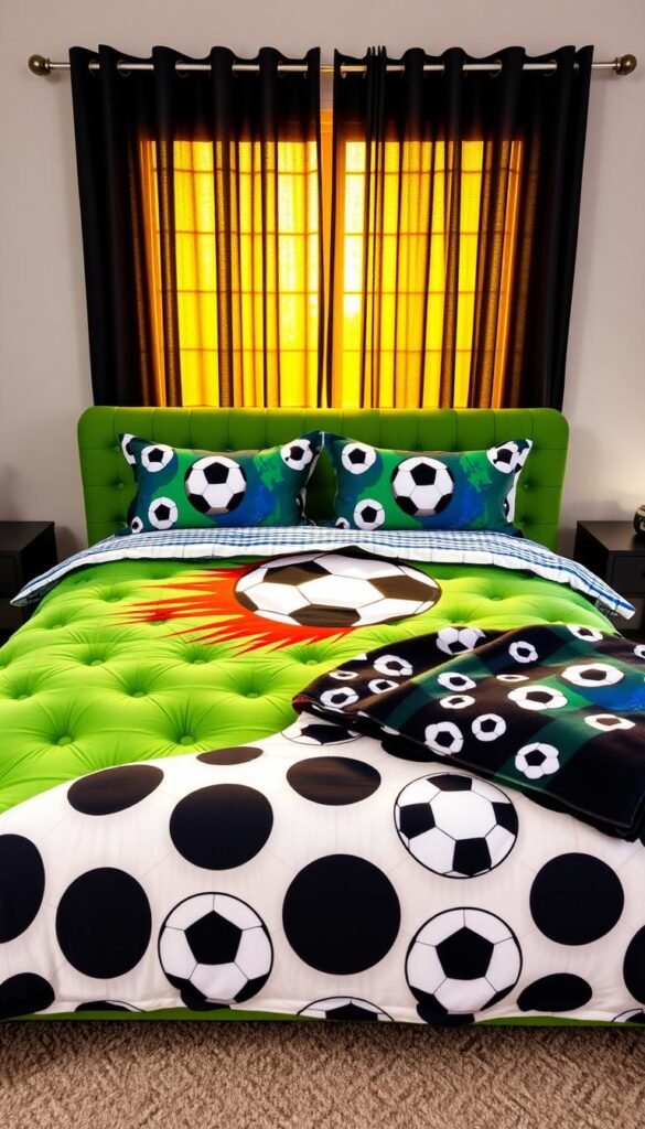 A vibrant, soccer-themed bedding set laid out on a plush, green-tufted comforter. In the foreground, a bold, printed duvet cover features a dynamic soccer ball design, complemented by matching pillow shams. The middle ground showcases a cozy, fleece throw blanket with a repeating soccer ball pattern. In the background, a set of sleek, geometric blackout curtains frames the scene, casting a warm, golden glow from a softly lit window. The overall atmosphere is energetic, sporty, and inviting, capturing the spirit of a young soccer enthusiast's dream bedroom.