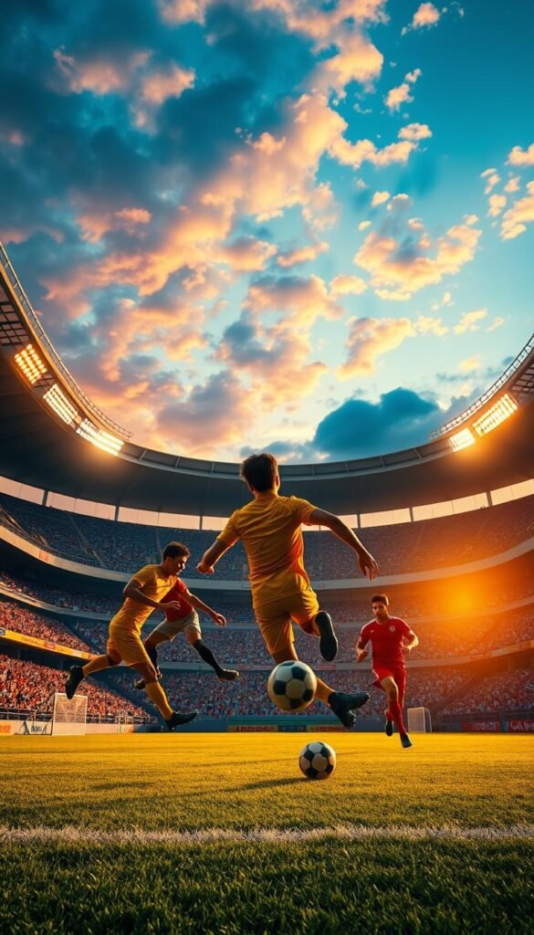 A vibrant, stadium-inspired football wall mural in a youthful, energetic style. In the foreground, a dynamic action shot of players in mid-pass, their muscles rippling as they leap and kick. The middle ground features the arched silhouettes of a packed stadium against a sky of rich, saturated colors, conveying the electric atmosphere of a big game. In the background, detailed architectural elements like towering concrete stands and bright stadium lights create an immersive, larger-than-life experience. Warm, golden lighting casts dramatic shadows, heightening the sense of motion and drama. The overall composition is bold, vivid, and designed to ignite the sports fan's imagination.