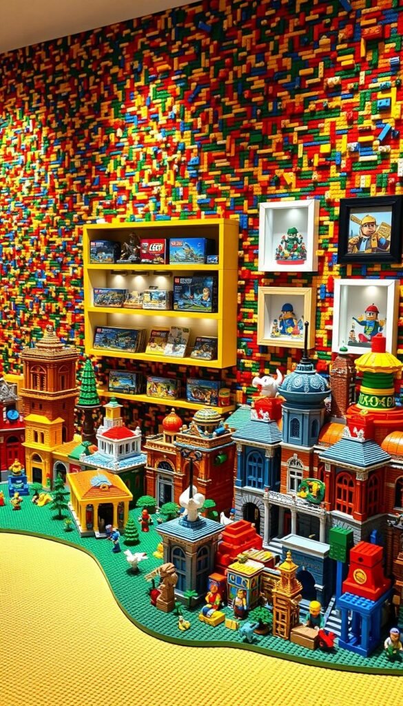 A vibrant, three-dimensional LEGO wall display showcases an array of colorful bricks and architectural elements. The foreground features intricate LEGO sculptures, including miniature buildings, creatures, and abstract shapes, expertly arranged to create a dynamic and engaging visual landscape. The middle ground transitions into a series of LEGO shelves and frames, displaying a diverse collection of LEGO sets and custom builds. In the background, the wall is covered in a mosaic of LEGO bricks, creating a stunning backdrop that brings the entire scene to life. The lighting is warm and diffused, casting a soft glow over the display and enhancing the tactile quality of the LEGO pieces. The overall composition evokes a sense of playfulness, creativity, and the boundless imagination of a child's bedroom.