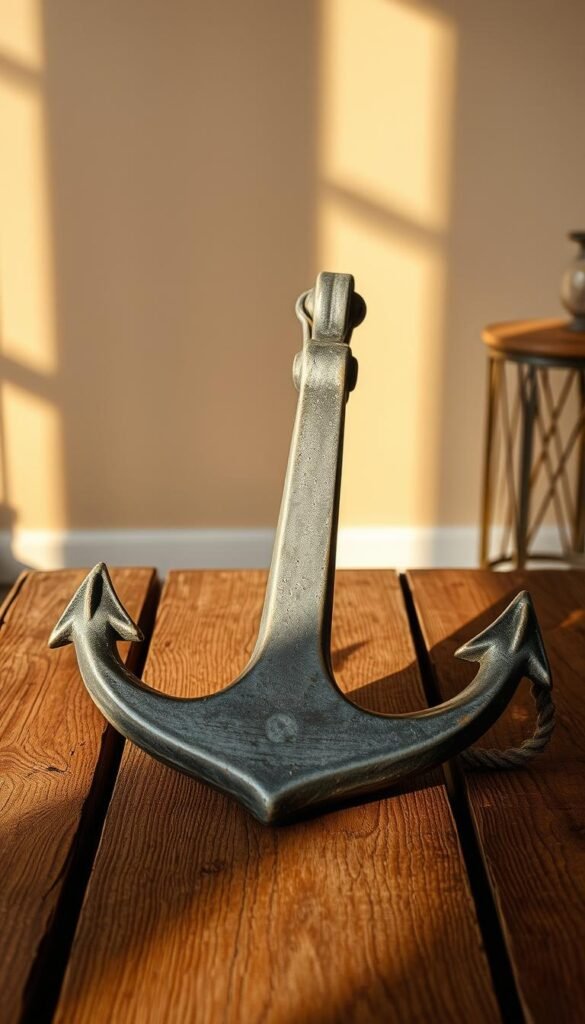 A vintage, weathered anchor resting on a rustic wooden surface, bathed in warm, soft lighting that casts gentle shadows. The anchor's metal is slightly tarnished, with hints of its former shine peeking through, conveying a sense of timelessness and heritage. The backdrop is a neutral, earthy tone, allowing the anchor to be the focal point, commanding attention as a statement piece in a modern, yet vintage-inspired living room setting.