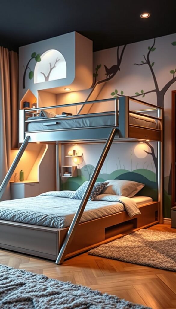 A visually captivating scene of a creatively designed bunk bed arrangement for a young boy's room. In the foreground, a sleek, modern bunk bed with a unique angled frame and integrated storage, its metallic accents gleaming under warm, soft lighting. The middle ground features playful, whimsical elements like a reading nook, a slide, and a climbing wall, encouraging imagination and active play. The background showcases a cozy, cozy bedroom setting with a nature-inspired mural, plush textures, and ambient lighting, creating a serene and inviting atmosphere. The overall composition exudes a sense of wonder, functionality, and design-forward thinking, perfectly capturing the spirit of "Creative Design Approaches for Boys' Bunk Bed Spaces".