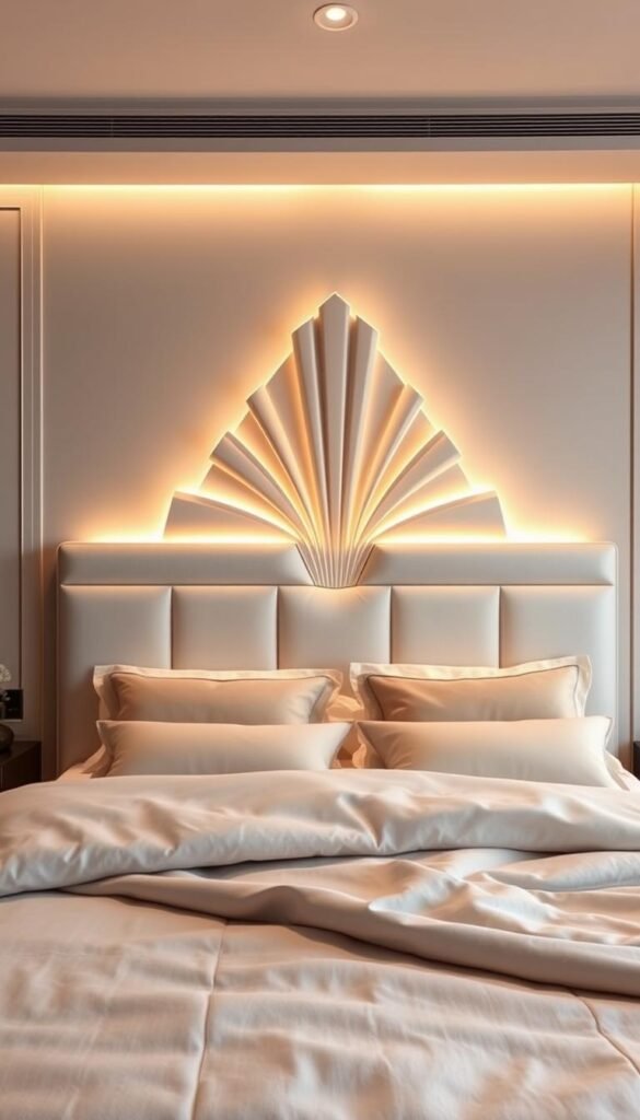 A visually striking statement headboard design, showcased in a serene and inviting bedroom setting. The headboard features a modern, minimalist aesthetic with clean lines and a prominent, sculptural centerpiece. Soft, indirect lighting casts a warm, ambient glow, accentuating the texture and depth of the design. The headboard stands as the focal point, anchoring the space and drawing the eye, while the surrounding decor, including plush bedding and subtle accents, create a cohesive, balanced composition. The overall atmosphere is one of refined elegance and tranquility, perfectly suited to the "Apartment Bedroom Decor: Smart & Stylish" theme.