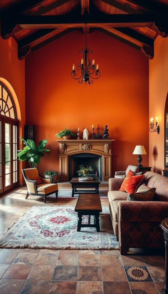 A warm and inviting Spanish-style living room filled with rich, earthy tones. In the foreground, a cozy sofa adorned with a plush, patterned rug and accented by a wooden coffee table. Intricate tile work covers the floor, leading the eye to the large, arched windows that flood the space with natural light. Mid-ground showcases a grand, ornate fireplace mantel with decorative accents like candles and greenery. In the background, terracotta-colored walls create a cohesive, Mediterranean ambiance, complemented by wrought-iron wall sconces casting a soft, golden glow. Overall, a harmonious and harmonious scene that captures the essence of Spanish-style living room design.