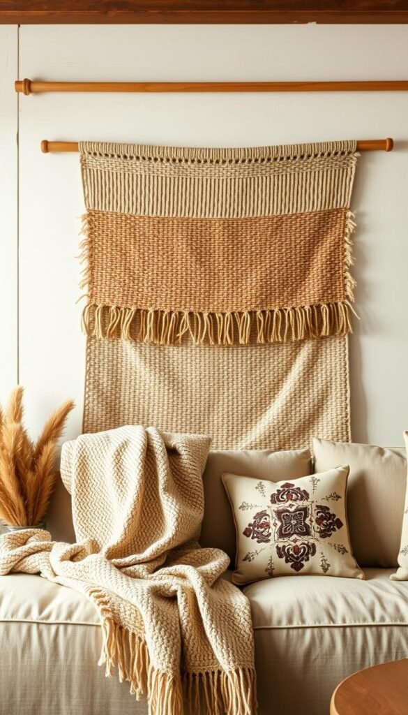 A warm and inviting farmhouse-style textile wall decor, featuring a rustic woven tapestry as the centerpiece. The tapestry showcases a muted color palette of earthy tones, accentuated by natural fibers and a distressed, vintage-inspired aesthetic. In the foreground, a wooden dowel or curtain rod supports the tapestry, adding to the rustic charm. The middle ground features additional textural elements, such as a cozy throw blanket or embroidered pillows, strategically placed to create a layered and harmonious composition. The background is a neutral, whitewashed wall, allowing the textiles to take center stage and radiate a sense of comfort and coziness. Soft, diffused lighting casts a gentle glow, enhancing the natural warmth of the materials. The overall scene evokes a welcoming, lived-in farmhouse ambiance, perfect for adding a touch of warmth and character to a modern living room. A warm and inviting farmhouse-style textile wall decor, featuring a rustic woven tapestry as the centerpiece. The tapestry showcases a muted color palette of earthy tones, accentuated by natural fibers and a distressed, vintage-inspired aesthetic. In the foreground, a wooden dowel or curtain rod supports the tapestry, adding to the rustic charm. The middle ground features additional textural elements, such as a cozy throw blanket or embroidered pillows, strategically placed to create a layered and harmonious composition. The background is a neutral, whitewashed wall, allowing the textiles to take center stage and radiate a sense of comfort and coziness. Soft, diffused lighting casts a gentle glow, enhancing the natural warmth of the materials. The overall scene evokes a welcoming, lived-in farmhouse ambiance, perfect for adding a touch of warmth and character to a modern living room.