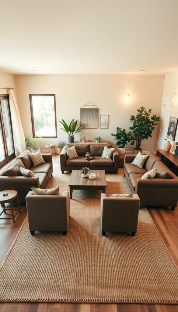 A warm and inviting living room layout with a conversation-friendly arrangement. In the foreground, a plush brown leather sofa and matching armchairs are positioned to face each other, creating an intimate setting for engaging discussions. Strategically placed end tables and a low, wooden coffee table complete the seating area. The middle ground features a large, handwoven area rug in earthy tones, adding texture and grounding the space. Abundant natural light streams in through large windows, illuminating the room with a soft, golden glow. Subtle, indirect lighting fixtures provide a cozy ambiance in the background, while potted plants and minimal wall decor lend a touch of organic elegance. The overall atmosphere is one of comfort, relaxation, and thoughtful design, perfect for an optimized living room layout centered on conversation and flow.