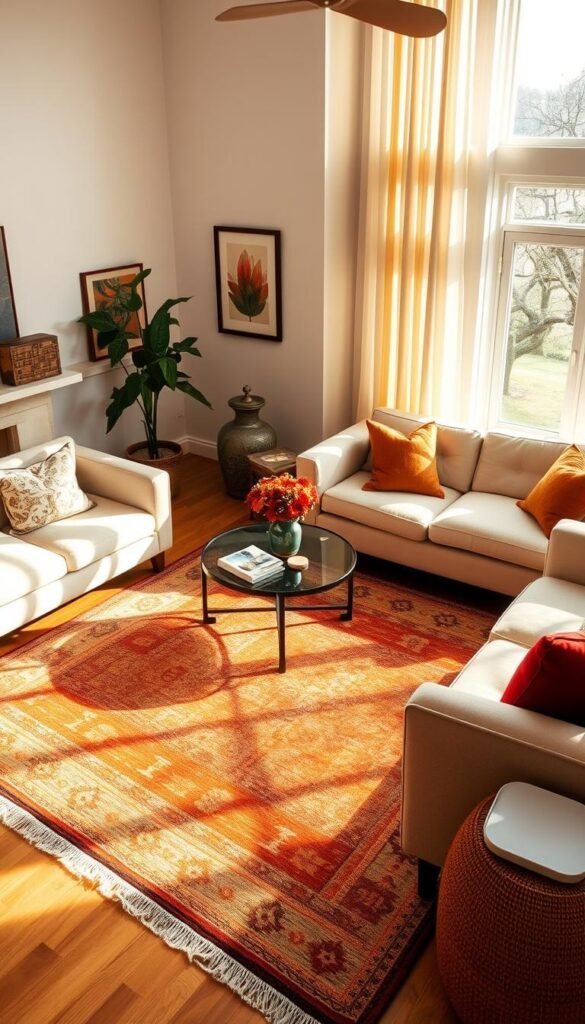 A warm and inviting living room space, with a stunning kilim flatweave rug taking center stage. The rug features a vibrant, geometric pattern in earthy tones, creating a sense of artistic elegance. The room is flooded with soft, natural lighting, casting a cozy glow over the space. Plush, neutral-toned furniture surrounds the rug, complementing its bold design. Subtle pops of color, like jewel-toned accent pillows, add depth and visual interest. The overall atmosphere is one of refined sophistication and timeless charm, perfectly showcasing the lightweight, yet impactful presence of the kilim flatweave rug.