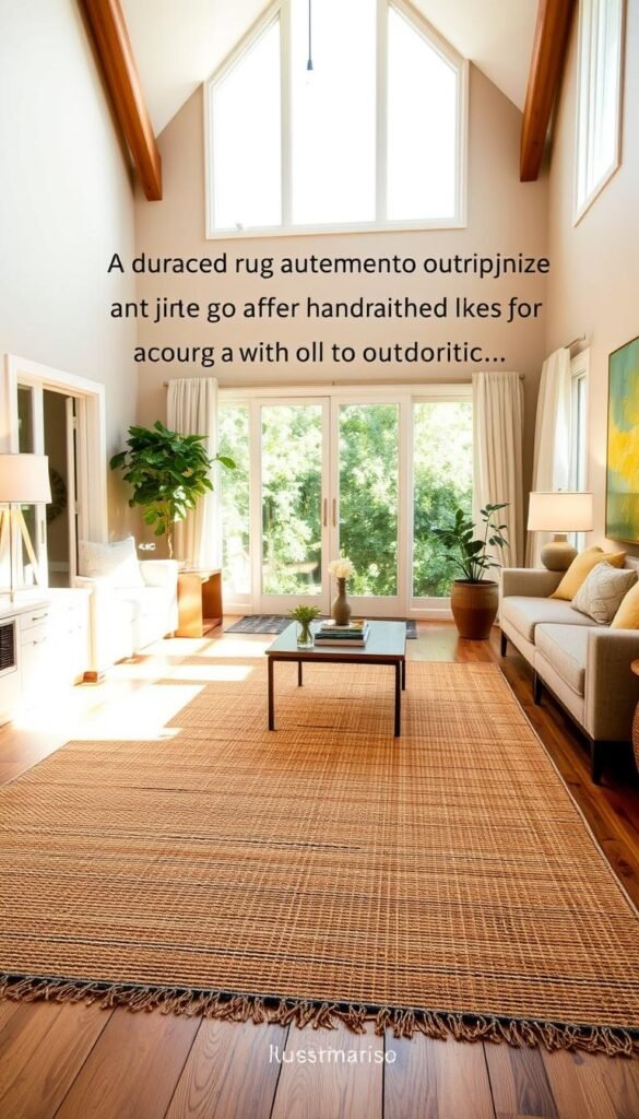 A warm and inviting living room with a durable, high-quality jute rug covering the hardwood floor. The rug features a natural, organic weave with a subtle pattern that adds texture and depth to the space. Soft, diffused lighting from floor lamps and a large window casts a gentle glow, highlighting the rug's earthy tones. The rug is positioned in the center of the room, anchoring the space and complementing the surrounding furniture and decor, which have a similar natural, rustic aesthetic. The overall atmosphere is one of comfort, relaxation, and a connection to the outdoors, perfectly capturing the unmatched benefits of choosing a jute rug for a high-traffic living area. A warm and inviting living room with a durable, high-quality jute rug covering the hardwood floor. The rug features a natural, organic weave with a subtle pattern that adds texture and depth to the space. Soft, diffused lighting from floor lamps and a large window casts a gentle glow, highlighting the rug's earthy tones. The rug is positioned in the center of the room, anchoring the space and complementing the surrounding furniture and decor, which have a similar natural, rustic aesthetic. The overall atmosphere is one of comfort, relaxation, and a connection to the outdoors, perfectly capturing the unmatched benefits of choosing a jute rug for a high-traffic living area.