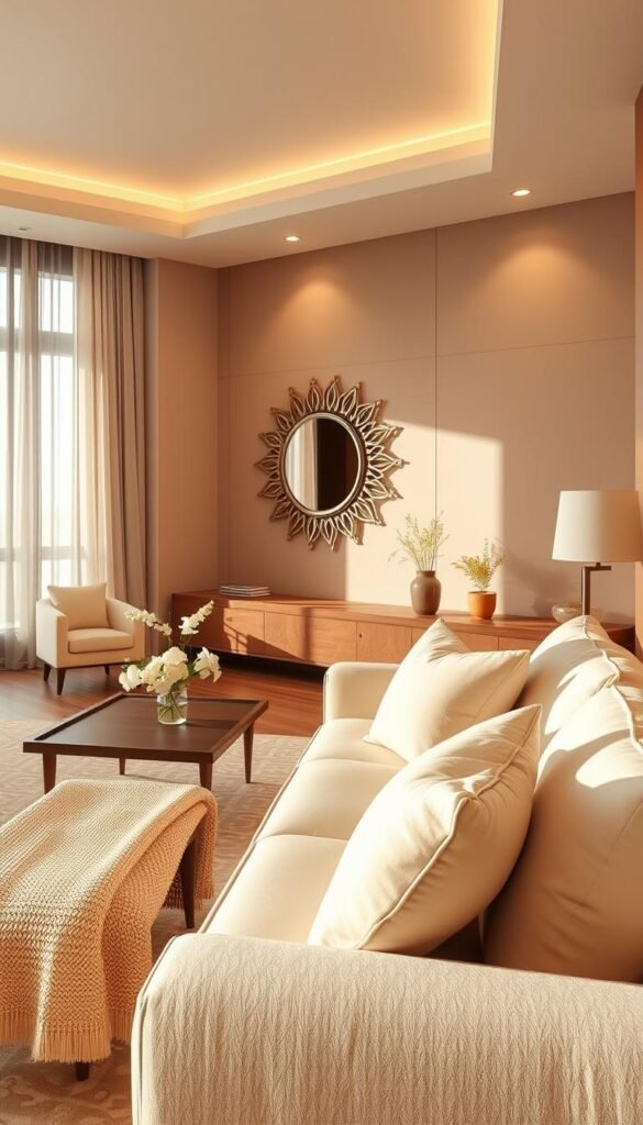 A warm and inviting neutral color palette for an Arabian-style living room. In the foreground, a plush, cream-colored sofa with plump cushions and a beige textured throw blanket. In the middle ground, a low wooden coffee table with a simple vase of white flowers. Behind, a feature wall in a soft, earthy tone, accentuated by subtle golden accents, such as a geometric patterned rug and a decorative mirror frame. Indirect, warm lighting creates a cozy, relaxed atmosphere, while natural light filters in through large windows, casting a gentle glow over the space. The overall mood is one of serene, understated sophistication, reflecting the timeless elegance of Arabian design.