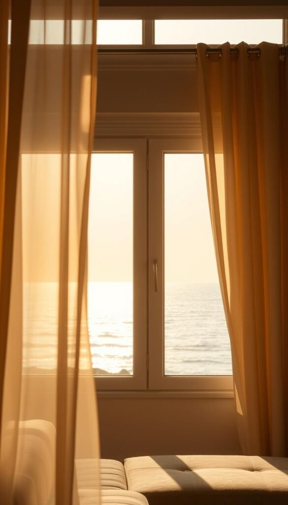 A warm, coastal lighting atmosphere with soft, diffused natural illumination. In the foreground, sunlight filters through billowing, diaphanous curtains, casting a gentle glow over a cozy seating area. The middle ground features a large window overlooking a picturesque seaside vista, with the horizon line glowing in shades of gold and peach. In the background, the sky transitions from a pale, azure blue to a vibrant, fiery sunset, reflecting off the gently rippling waves. The overall scene exudes a sense of tranquility and relaxation, perfectly capturing the essence of a breezy, coastal living space.