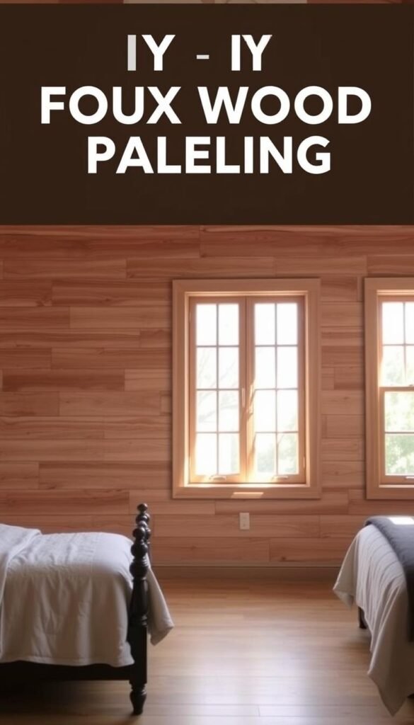 A warm, cozy DIY faux wood paneling backdrop with a rustic, farmhouse aesthetic. Textured, distressed wooden panels in a light oak tone line the walls, creating an inviting and budget-friendly ambiance. Soft, diffused natural lighting filters through large windows, casting gentle shadows and highlights across the paneled surface. The overall scene emanates a sense of charm and character, perfectly suited for a cozy bedroom setting.