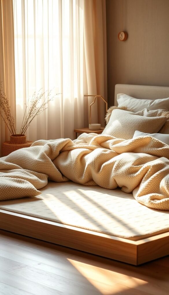 A warm, cozy bedroom setting with a minimalist floor bed mattress foundation. The foundation is a simple wooden platform with a clean, unfinished aesthetic, complementing the lush, textured bedding and soft, plush accents. Warm, natural lighting filters through sheer curtains, casting a gentle glow and creating a serene, calming ambiance. The overall composition emphasizes simplicity, comfort, and a harmonious blend of natural materials and textures, embodying the essence of a "Bed on the Floor" idea that looks incredibly chic.