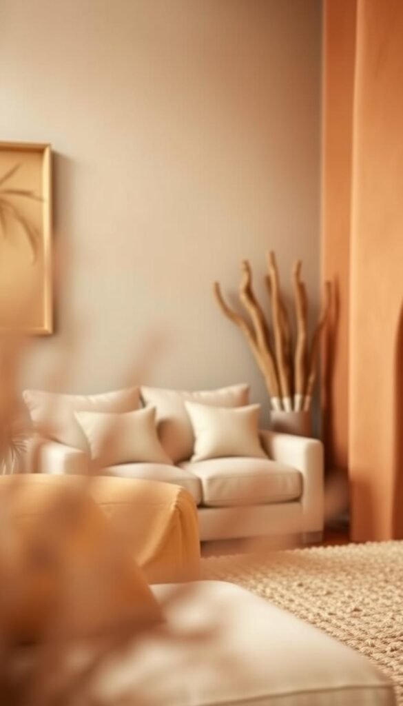 A warm, earthy color palette fills the frame, showcasing a harmonious blend of natural tones. In the foreground, a rich ochre hue dominates, complemented by accents of deep terracotta and subtle hints of sienna. The middle ground features a soothing sage green, lending a calming presence, while the background is anchored by the muted tones of desert sand and adobe. Soft, diffused lighting casts a gentle glow, creating an inviting and serene atmosphere. The composition emphasizes the balanced interplay of these Southwest-inspired shades, capturing the essence of a cozy, rustic living room design.