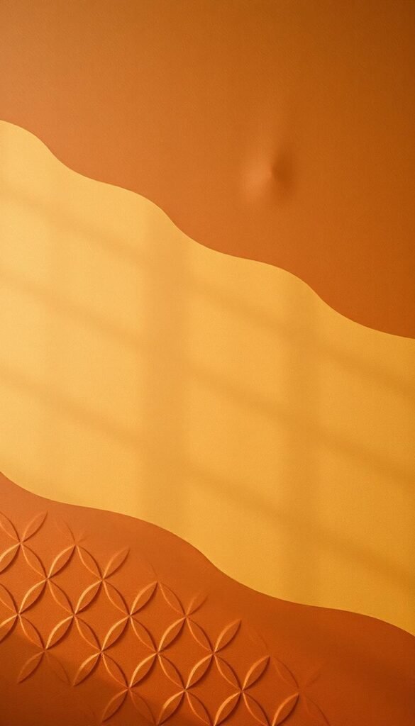 A warm, earthy wall design with a layered, textural appearance. The foreground features a subtle pattern of interlocking geometric shapes in muted ochre, sienna, and terracotta tones, creating a soothing, grounded feel. In the middle ground, the wall has a soft, undulating surface with a hint of sheen, adding depth and visual interest. The background is a neutral, slightly mottled base in a deep, rich umber hue, providing a solid, anchored foundation. Soft, diffused lighting casts gentle shadows, accentuating the depth and materiality of the design. The overall atmosphere is one of calm, comfort, and a connection to nature.