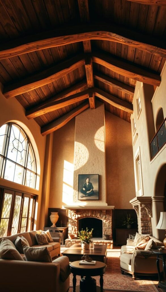 A warm, inviting Spanish-style living room with striking exposed wooden beams overhead. The room is bathed in soft, golden lighting, creating a cozy, intimate atmosphere. The beams, with their natural grain and weathered character, stretch across the high ceiling, lending an air of rustic sophistication. Plush, earth-toned furnishings and textiles complement the wooden accents, while a large, ornate fireplace anchors the space. Sunlight streams through tall, arched windows, casting playful shadows across the textured walls. The overall scene exudes a sense of timeless elegance and Mediterranean charm.