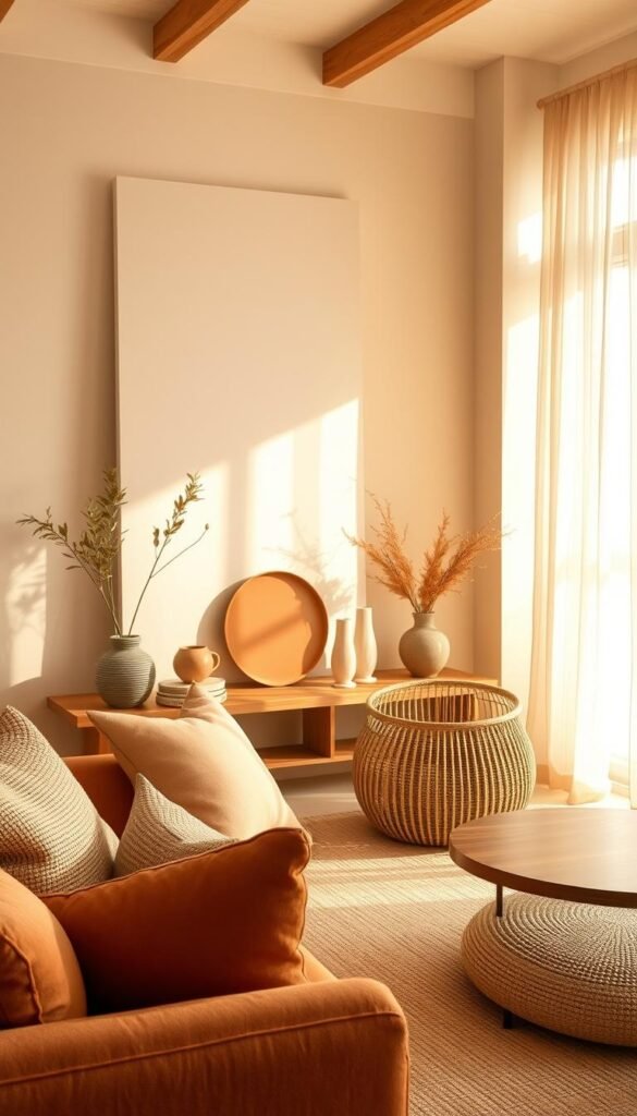 A warm, inviting color palette featuring rich earth tones and soft, muted hues. The foreground showcases a harmonious blend of ochre, terracotta, and soft beige, creating a cozy and grounded atmosphere. The middle ground features accents of sage, olive, and warm gray, adding depth and balance. The background is awash in gentle, natural lighting, casting a golden glow that enhances the organic, earthy feel. Subtle textures, such as woven fabrics and natural wood grain, add visual interest and a sense of tactility. The overall composition evokes a serene, timeless elegance perfect for an inviting, modern living room.