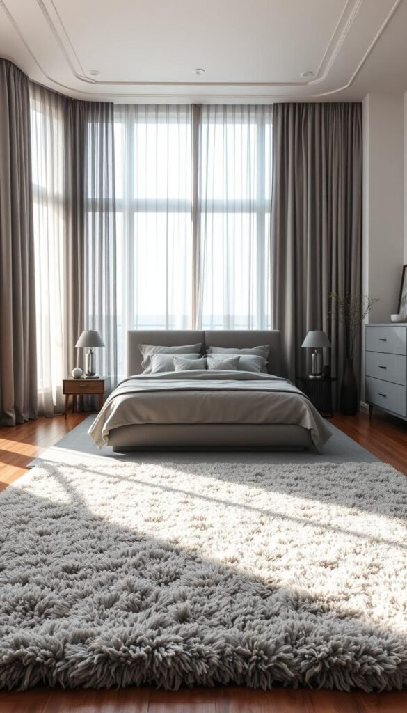 A warm, inviting grey bedroom bathed in soft, diffused lighting. In the foreground, a plush grey rug covers the hardwood floor, its thick, luxurious pile beckoning bare feet. Draped gracefully above large windows, sheer grey curtains filter the natural light, casting a gentle glow across the space. The middle ground features a well-appointed bed, its grey linens and pillows complementing the rug and curtains, creating a cohesive, calming palette. The background reveals tasteful grey accents, such as a dresser and nightstands, rounding out the refined, serene atmosphere. Subtle textures, from the curtain's subtle sheen to the rug's subtle pattern, add depth and visual interest. An elegant, sophisticated grey bedroom that feels both modern and timeless. A warm, inviting grey bedroom bathed in soft, diffused lighting. In the foreground, a plush grey rug covers the hardwood floor, its thick, luxurious pile beckoning bare feet. Draped gracefully above large windows, sheer grey curtains filter the natural light, casting a gentle glow across the space. The middle ground features a well-appointed bed, its grey linens and pillows complementing the rug and curtains, creating a cohesive, calming palette. The background reveals tasteful grey accents, such as a dresser and nightstands, rounding out the refined, serene atmosphere. Subtle textures, from the curtain's subtle sheen to the rug's subtle pattern, add depth and visual interest. An elegant, sophisticated grey bedroom that feels both modern and timeless.