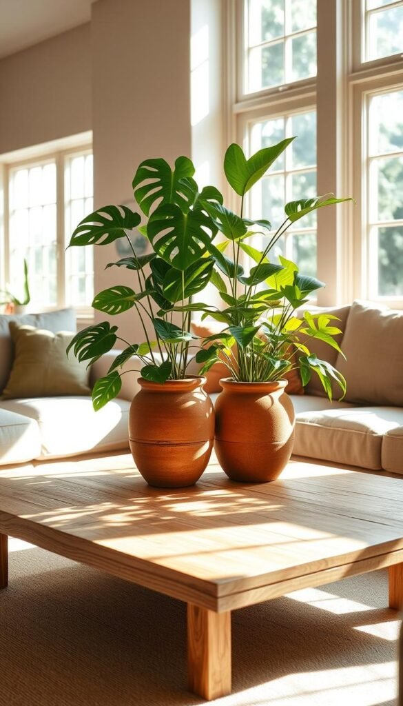 A warm, inviting living room setting with a pair of rustic terracotta planters placed atop a low, natural wood coffee table. The planters are filled with lush, thriving indoor plants like monstera and philodendron, casting soft shadows across the tabletop. Sunlight filters through large windows, creating a cozy, biophilic atmosphere. The room is decorated in a palette of earthy, neutral tones - beige walls, tan linen upholstery, and muted wooden accents. The overall composition emphasizes the harmonious integration of natural elements within a modern, minimalist interior. A warm, inviting living room setting with a pair of rustic terracotta planters placed atop a low, natural wood coffee table. The planters are filled with lush, thriving indoor plants like monstera and philodendron, casting soft shadows across the tabletop. Sunlight filters through large windows, creating a cozy, biophilic atmosphere. The room is decorated in a palette of earthy, neutral tones - beige walls, tan linen upholstery, and muted wooden accents. The overall composition emphasizes the harmonious integration of natural elements within a modern, minimalist interior.