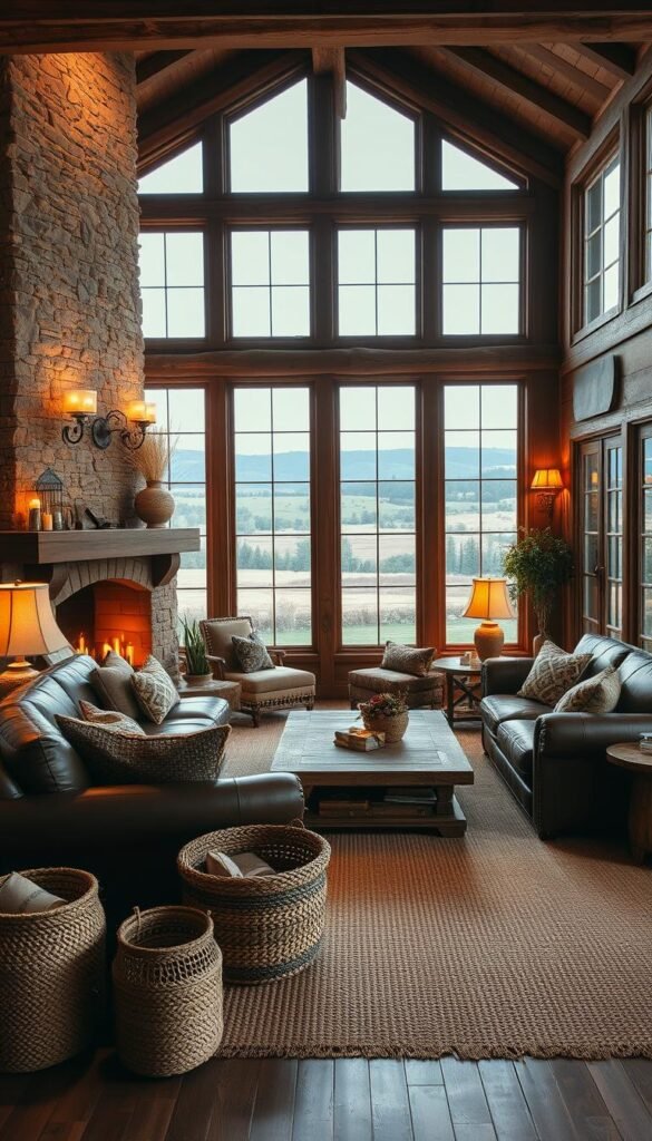 A warm, inviting living room with a rustic charm. A large stone fireplace casts a cozy glow, illuminating plush leather furniture and reclaimed wood accents. Soft, amber lighting from vintage sconces and table lamps creates a romantic ambiance, casting gentle shadows and highlights across the room. Natural textures like woven baskets, jute rugs, and a massive wooden coffee table bring the outdoors in. Large windows frame a picturesque countryside view, filtering in soft natural light. This serene, cozy space exudes a sense of comfort and relaxation. A warm, inviting living room with a rustic charm. A large stone fireplace casts a cozy glow, illuminating plush leather furniture and reclaimed wood accents. Soft, amber lighting from vintage sconces and table lamps creates a romantic ambiance, casting gentle shadows and highlights across the room. Natural textures like woven baskets, jute rugs, and a massive wooden coffee table bring the outdoors in. Large windows frame a picturesque countryside view, filtering in soft natural light. This serene, cozy space exudes a sense of comfort and relaxation.