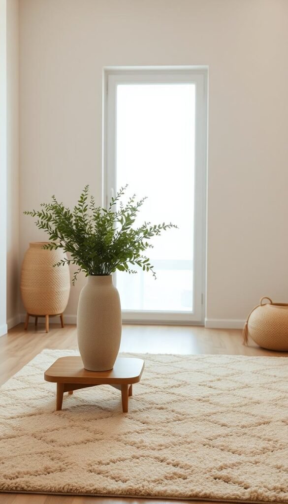 A warm, natural-lit room with a minimalist aesthetic. In the foreground, a textured ceramic vase filled with lush greenery sits atop a sleek wooden side table. The middle ground features a plush, oatmeal-colored area rug that grounds the space, its subtle pattern adding visual interest. Along the back wall, a large window allows soft, diffused light to filter in, casting a gentle glow on the space. The overall palette is muted and earthy, with hints of organic textures like woven baskets and natural wood tones creating a calming, inviting atmosphere.