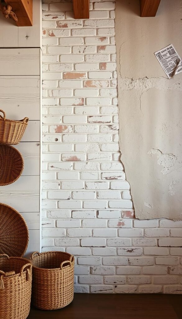 A warm, rustic boho farmhouse wall with a mix of textured treatments. The foreground features a weathered whitewashed shiplap wall with knotted wood beams, accented by natural rattan or jute baskets. The middle ground showcases a patchwork of distressed whitewashed bricks, with hints of soft sage and ochre tones peeking through. In the background, a subtle, mottled plaster wall creates depth and dimension, bathed in soft, even lighting that casts gentle shadows. The overall atmosphere is cozy, inviting, and deeply layered, evoking a sense of timeless, lived-in charm.